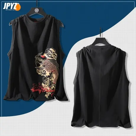 无袖t恤男夏季男生潮流坎肩上衣男士纯棉锦鲤印花运动篮球背心男商品大图