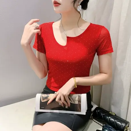 设计感圆领不规则链条打底衫女短袖网纱拼接烫钻洋气上衣修身T恤商品大图