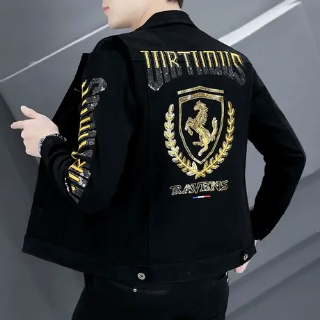 外套男2023新款个性烫钻牛仔夹克秋季韩版潮流帅气刺绣牛仔褂上衣商品大图