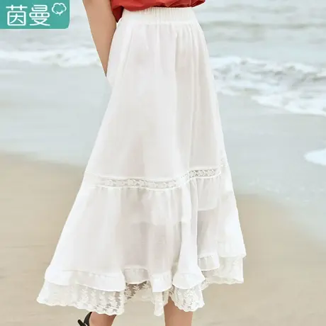 茵曼旗舰店a字半身裙女士荷叶边2024年夏季新款蕾丝温柔中长裙子图片