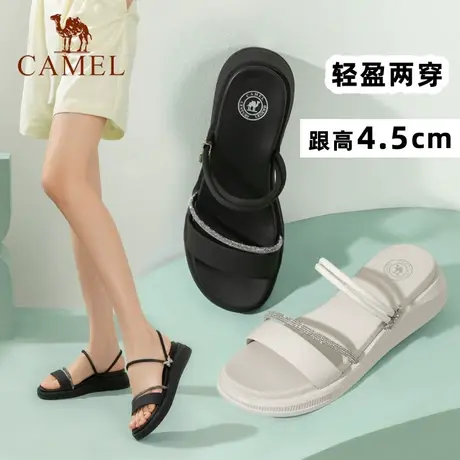 骆驼夏季时尚平底两穿简约中跟露趾凉鞋女百搭坡跟外穿一字凉拖鞋图片