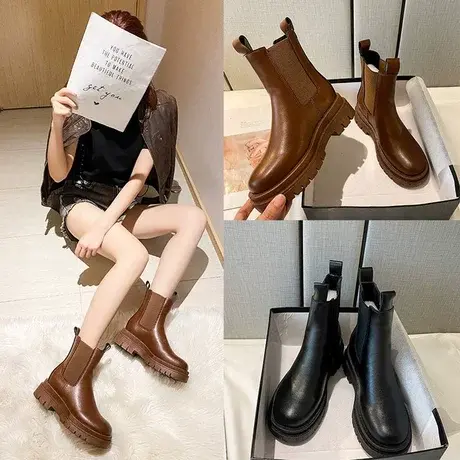 马丁靴女2024年新款冬季加绒英伦风厚底秋内增高短靴复古切尔西靴商品大图