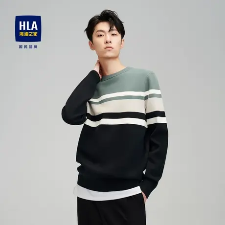 HLA/海澜之家撞色镶拼长袖针织衫秋冬新款柔软温暖圆领毛衣男图片