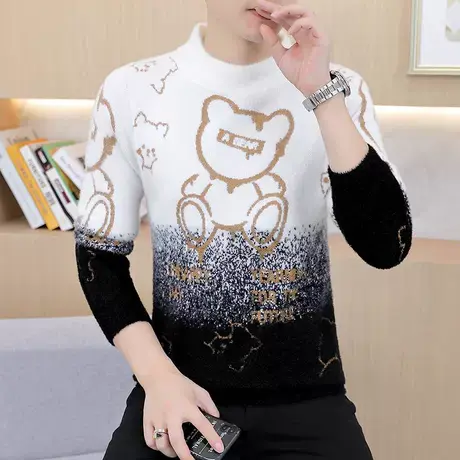 半高领毛衣男秋冬季潮流保暖水貂绒打底衫青少年加厚款中领毛线衣商品大图