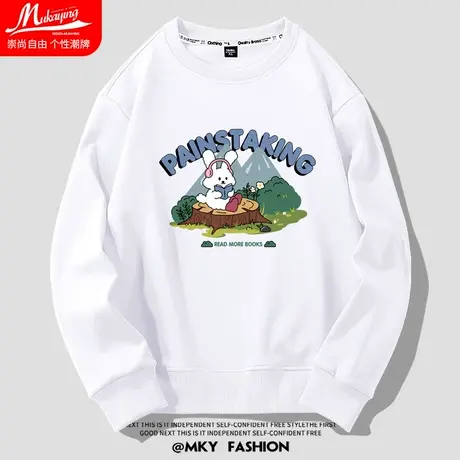 日系卡通趣味字母兔子印花圆领卫衣男白色春秋款青少年宽松情侣装商品大图