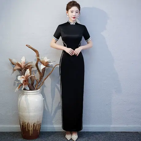 预定定制款   走秀旗袍长款黑色模特舞台演出服中国风形体导师服商品大图