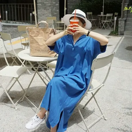 夏装新款短袖套头Polo领连衣裙女过膝长款韩版宽松大码时尚休闲裙图片