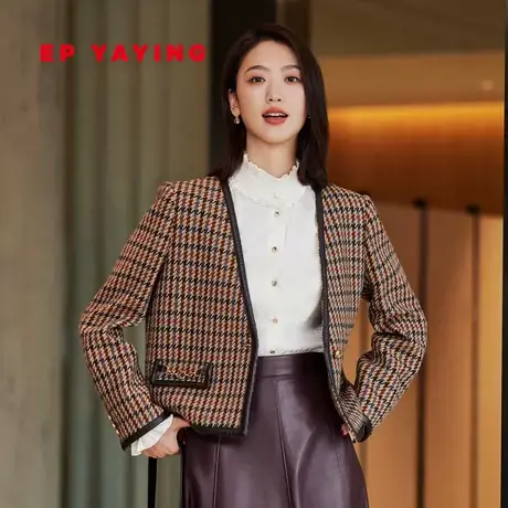 EP YAYING雅莹女装 简约小香风千鸟格绵羊毛外套 23秋冬新款1212A商品大图