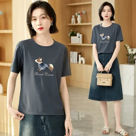 纯棉短袖t恤衫2023年夏季新款创意时尚小狗印花洋气显瘦半袖体恤商品大图