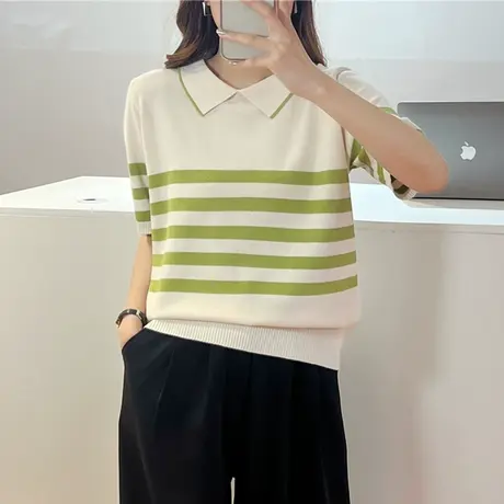 洋气POLO领短袖针织衫女薄款上衣春夏装2023新款条纹休闲宽松T恤商品大图