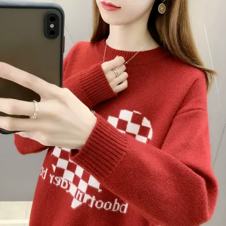 2023秋冬新款圆领毛衣女宽松外穿洋气内搭加厚针织打底衫女套头潮商品大图