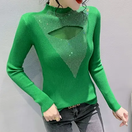 半高领毛衣女士内搭2023秋冬新款网纱拼接打底衫性感镂空针织上衣图片