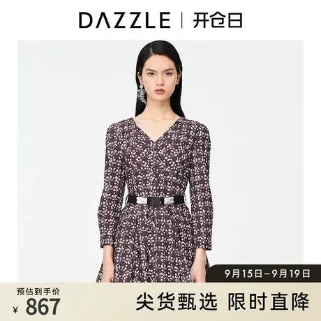 DAZZLE地素奥莱 收腰显瘦印花伞摆V领连衣裙2D2O5026A图片