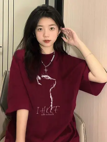 设计感小众纯棉短袖t恤女款夏季宽松oversize酒红色半袖情侣上衣商品大图