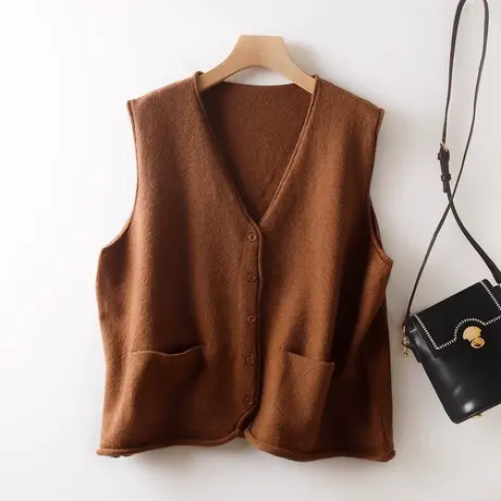 针织马甲纽扣单排扣坎肩羊毛背心女V领复古秋季外搭口袋文艺上衣图片