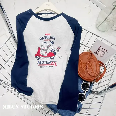 2022秋新款上衣韩系复古原宿风港味设计感撞色磨毛长袖T恤衫内搭商品大图