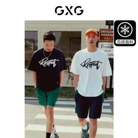 【龚俊心选】GXG男装 重磅系列纯棉短袖T恤印花美式复古上衣商品大图