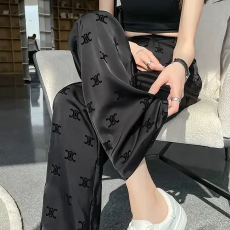黑色醋酸阔腿裤女2023年春夏薄款高腰垂感宽松显瘦冰丝休闲直筒裤图片