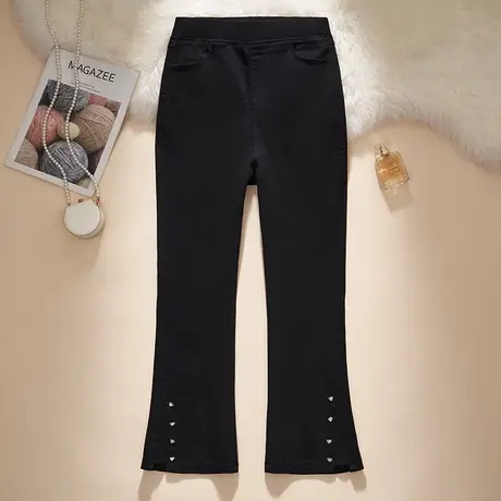 牛仔微喇裤女秋季新款松紧高腰烫钻鱼尾裤小个子弹力显瘦喇叭裤潮商品大图