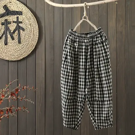 枫谜2021年夏季新款文艺复古棉麻格子九分裤女显瘦休闲亚麻哈伦裤图片