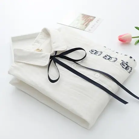 秋季日系文艺气质刺绣双层棉纱宽松长袖白衬衫女休闲打底系带上衣图片