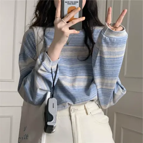 条纹长袖t恤女装2023新款早秋打底衫上衣潮设计感小众ins春秋宽松图片