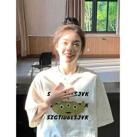 纯棉重磅设计感印花短袖t恤女2023新款春夏季宽松chic港味上衣服图片