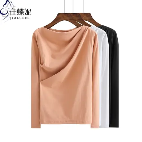 春秋季新款韩版一字领长袖修身显瘦体恤上衣内搭打底纯色女装T恤商品大图