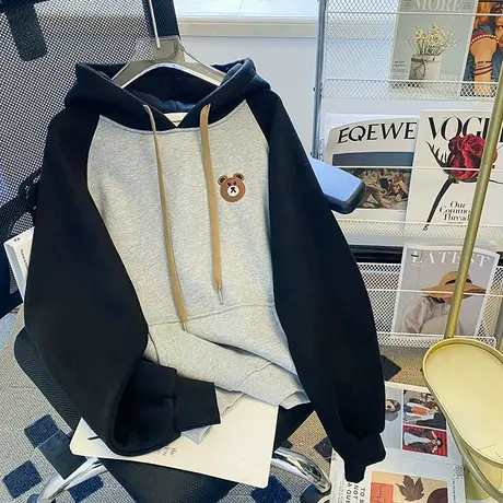 设计感连帽小熊卫衣女秋冬加绒加厚潮牌ins宽松大码chic港味外套图片