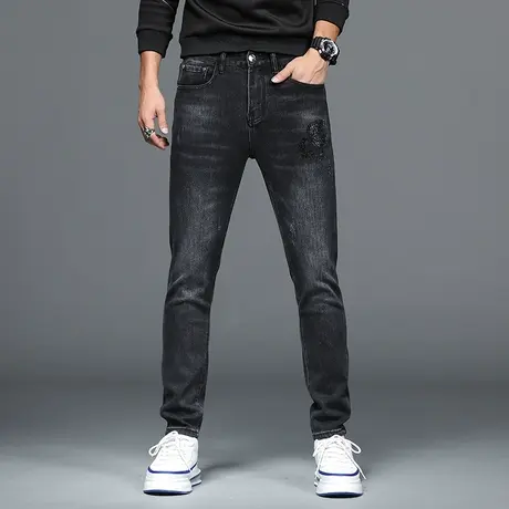 美式破洞修身休闲春夏时尚牛仔裤男士裤子百搭韩版水洗微弹直筒裤商品大图