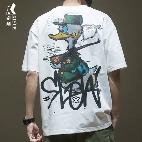 希越后背涂鸦鸭子印花短袖T恤男宽松大码夏季潮男落肩袖休闲夏装商品大图