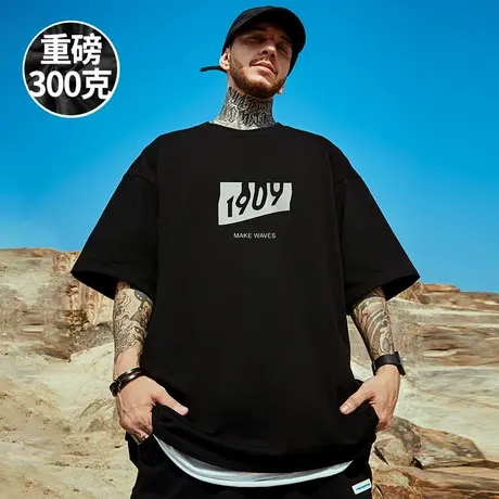 港风嘻哈字母短袖t恤男街头潮牌胖子百搭欧美式重磅纯棉大码半袖图片