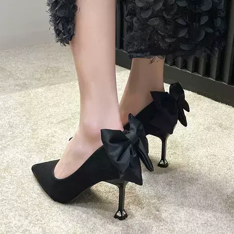 黑色高跟鞋女春秋2023新款时尚法式蝴蝶结配裙子小众气质细跟单鞋商品大图
