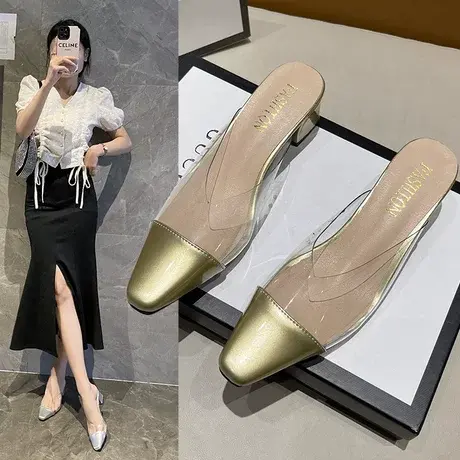 包头半拖鞋女高跟透明2023年新款法式方头欧美中跟凉拖时尚懒人鞋商品大图