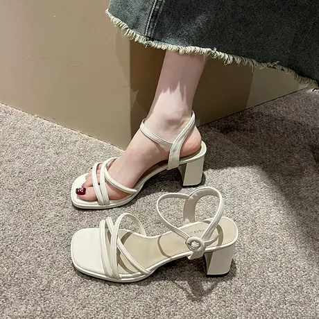 一字扣带露趾高跟鞋女简约日常2023夏季新款增高时尚显瘦粗跟凉鞋商品大图