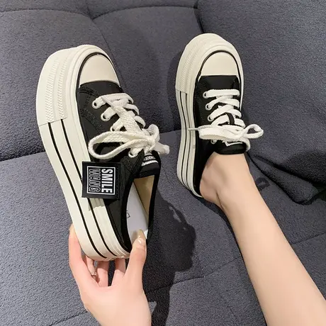 帆布鞋包头半拖鞋女夏外穿2023新款增高厚底懒人一脚蹬无后跟凉拖商品大图