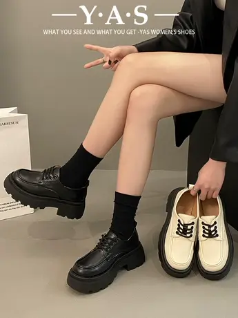 英伦风单鞋女2024春季新款乐福鞋白色百搭高跟鞋日系厚底小皮鞋图片
