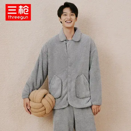 三枪家居服男秋冬泰迪绒翻领开襟长袖加厚加绒保暖睡衣套装商品大图