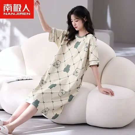 南极人睡衣女夏季纯棉短袖卡通睡裙2023年新款小熊格子薄款家居服图片