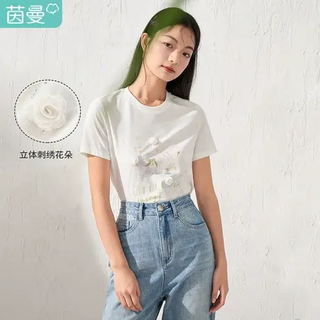 【商场同款】茵曼印花立体花朵T恤女士2023夏季新款圆领宽松显瘦图片