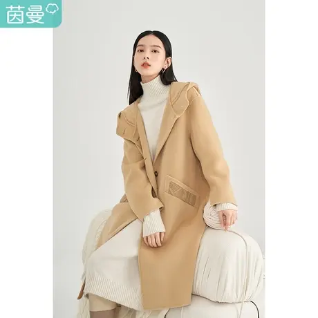 茵曼绵羊毛连帽中长款毛呢外套女女2023年冬季新款卡其色呢子大衣图片
