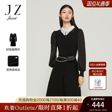 JZ玖姿官方奥莱拼接针织小黑裙女装秋季新款优雅水溶蕾丝领连衣裙图片