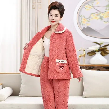 睡衣女冬季中老年妈妈三层夹棉加厚加绒珊瑚绒保暖大码家居服套装商品大图