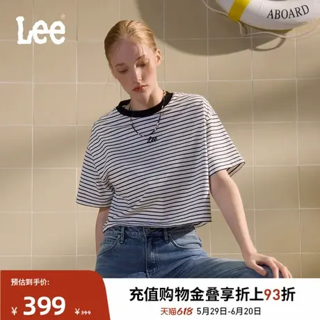 Lee商场同款25夏新舒适男友风条纹撞色刺绣圆领黑色女短款短袖T恤图片