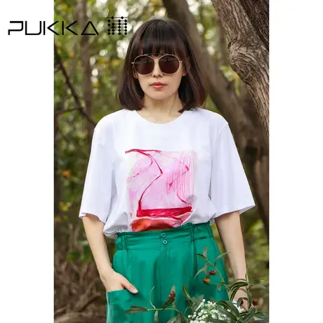 Pukka蒲牌时装周走秀手绘印花上衣2022夏季新款宽松休闲短袖t恤女商品大图