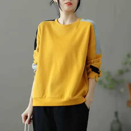 dza 文艺复古宽松卫衣女士春秋薄款休闲百搭上衣新款纯棉圆领套头图片