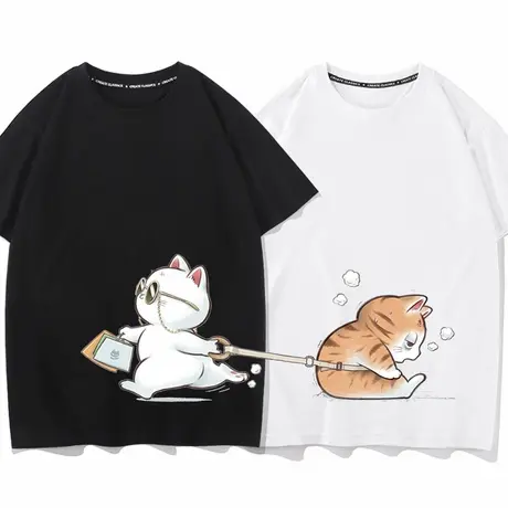秀洛情侣购物小白大橘猫咪创意趣味情侣半袖纯棉T恤宽松打底半袖商品大图