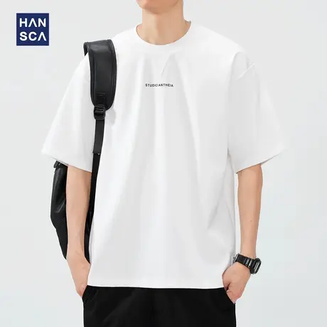 hansca 弹力针织白色短袖T恤男2025夏季新款美式潮牌印花休闲上衣商品大图