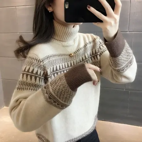 加厚高领毛衣女冬季内搭提花复古慵懒风宽松针织衫撞色两翻领套头商品大图