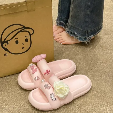 踩屎感拖鞋女夏季外穿甜美花朵蝴蝶结双带家居室内防滑厚底凉拖鞋商品大图